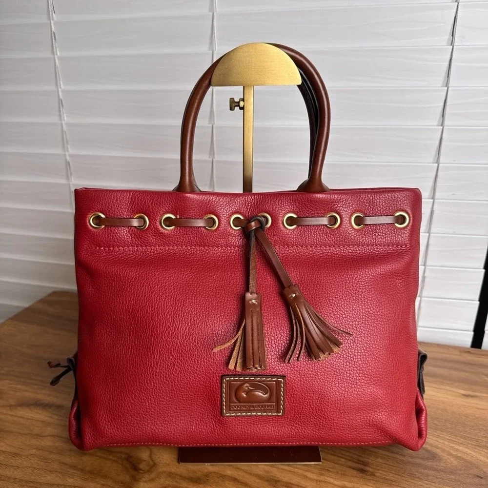 Dooney & Bourke Wakefield Tassel Tote Bag Red Brown Trim Pebble Leather